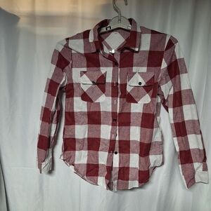 Women's Red and White Plaid Button Down Shirt